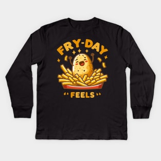 Fry Day Feels | Cute potato with text Friday feels | Funny Potato Puns Kids Long Sleeve T-Shirt
